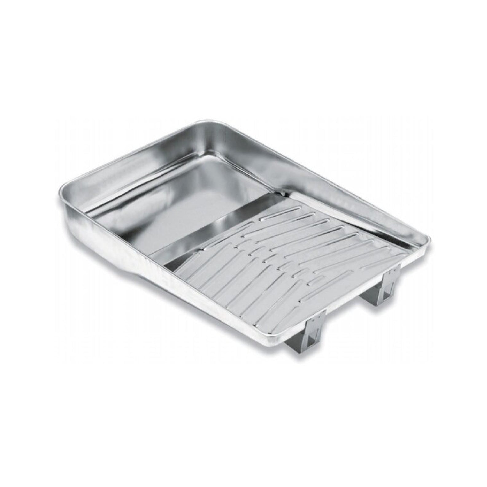 The PAINT FORCE PAINT-FORCE 33174 9MT 9 in. Metal Paint Tray features a ribbed slanted surface, elevated edges, and rust-resistant material for professional-grade durability, ideal for use with paint rollers.